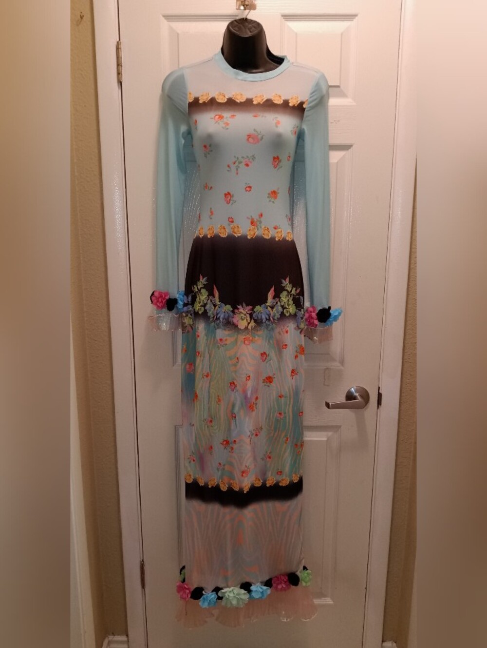OOOK AFRM Light Blue Floral Mesh Maxi Dress with Black Waist Panel